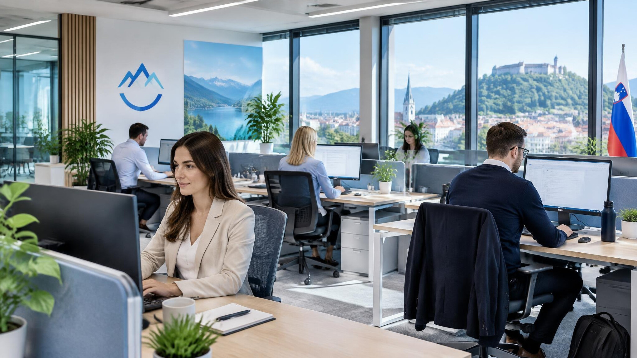 Bright open-plan insurance office with employees working at desks