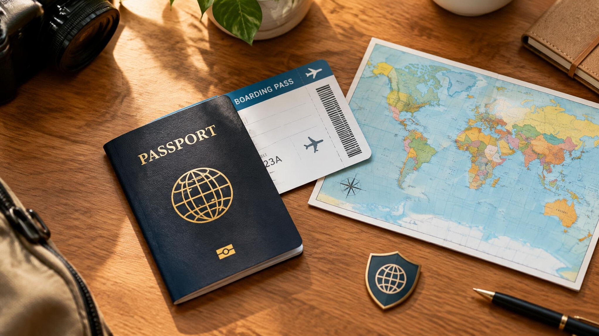Passport and world map on a desk for international travel insurance