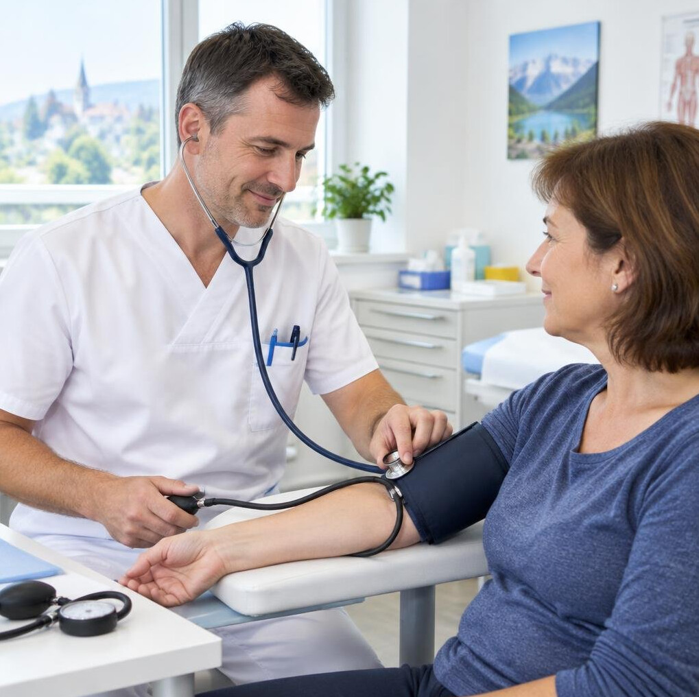 Nurse taking blood pressure of a patient with a chronic condition